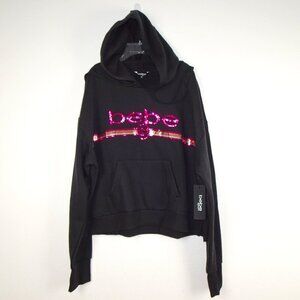 Bebe Logo Hoodie Women's Plus Size 2X Black Sequin Logo Popover Sweatshirt
